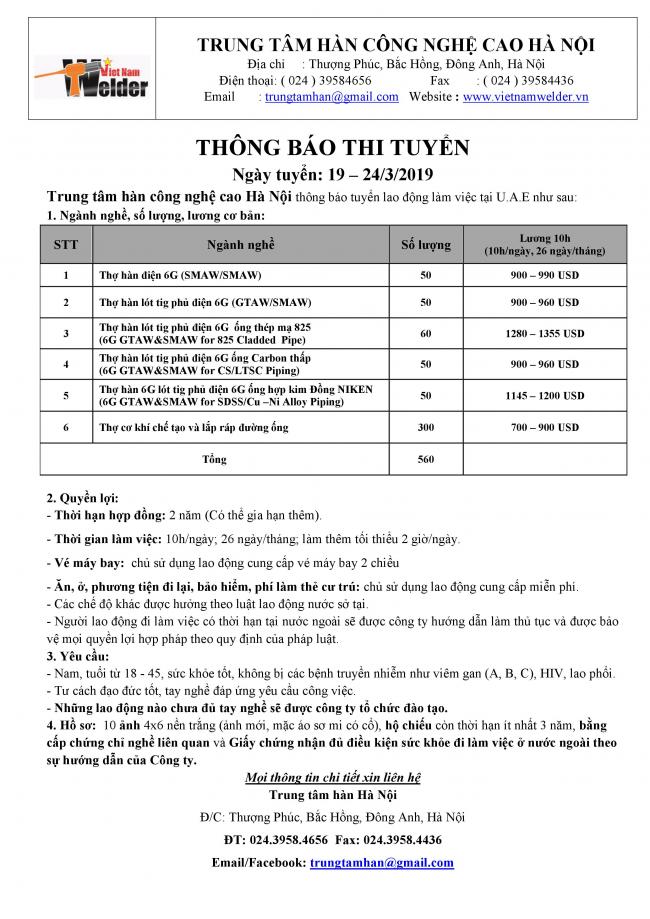 THÔNG BÁO THI TUYỂN ĐƠN HÀNG DUBAI