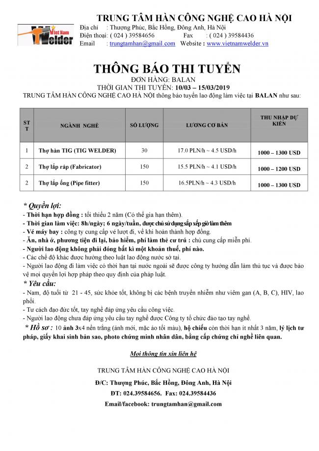THÔNG BÁO THI TUYỂN ĐƠN HÀNG BA LAN